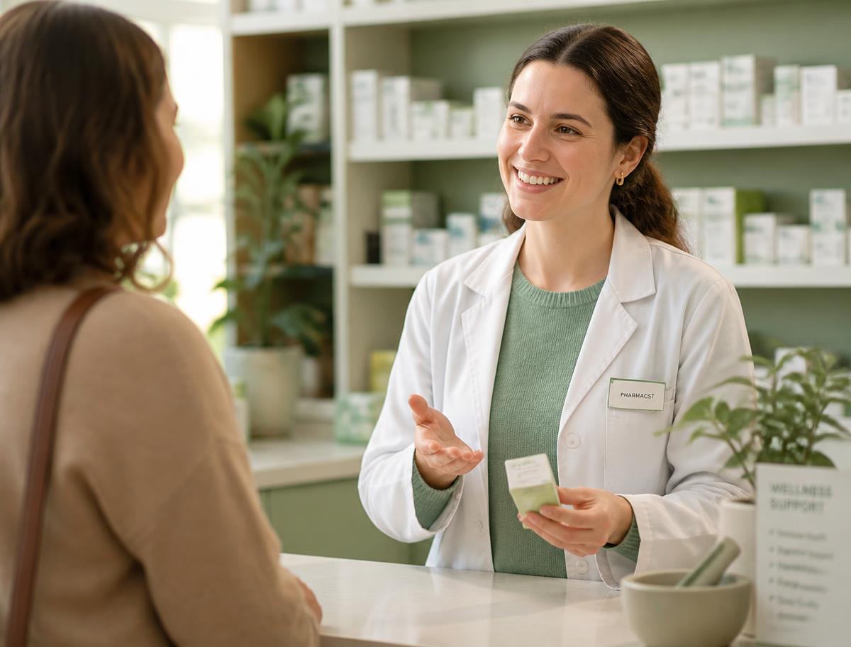 Farmacista che offre consulenza a una cliente al banco
